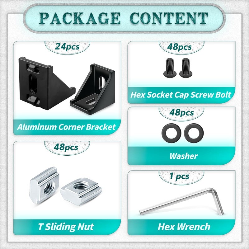 PETOX 24 Set Black 3030 Series Aluminum Extrusion Profile Connector, Includes 1pc Wrench, 24pcs 2835 Corner Bracket, 48pcs M6 T-Slot Sliding Nuts and Hex Screw Bolt for 20S Aluminum Rail Accessories - Image 3